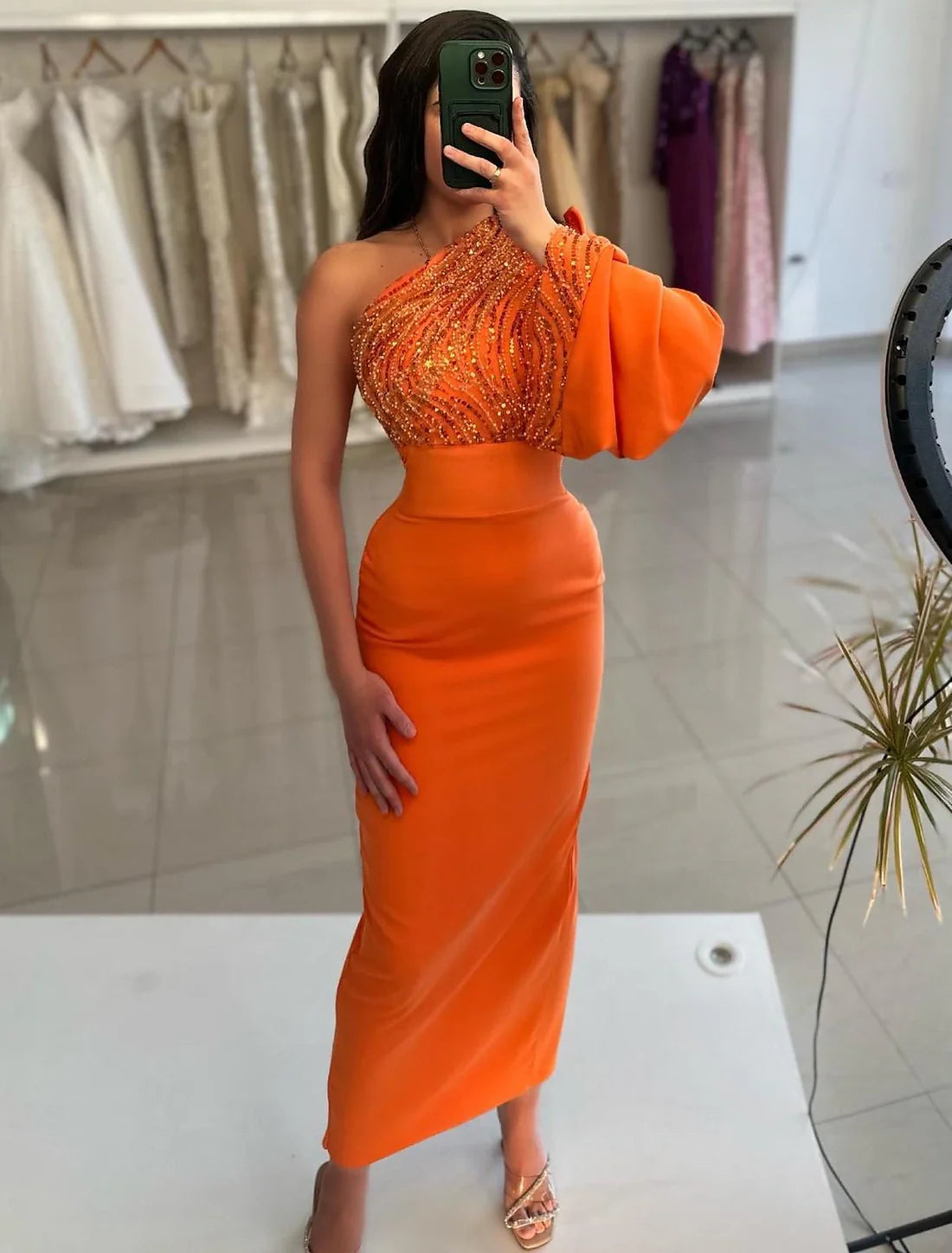 Luolandi Sheath / Column Evening Gown Formal Prom Floor Length Long Sleeve One Shoulder Satin with Crystals Sequin Sparkly