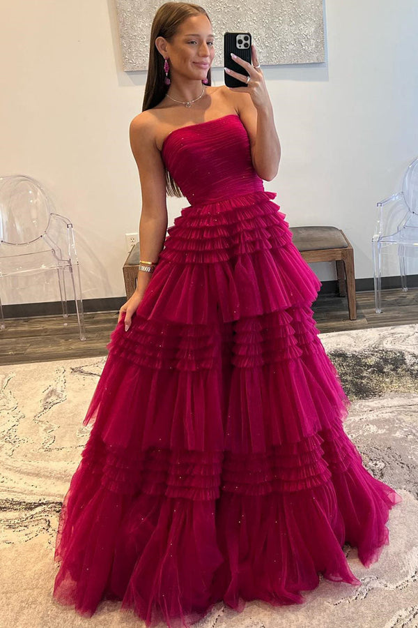 Luolandi A-Line Strapless Tulle Long Prom Dress with Tiered Ruffles Off Shoulder Evening Dress