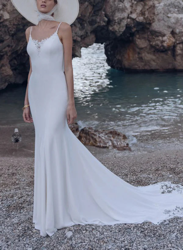 Luolandi Elegant Trumpet Mermaid V-Neck Jersey Wedding Dresses With Appliques Lace