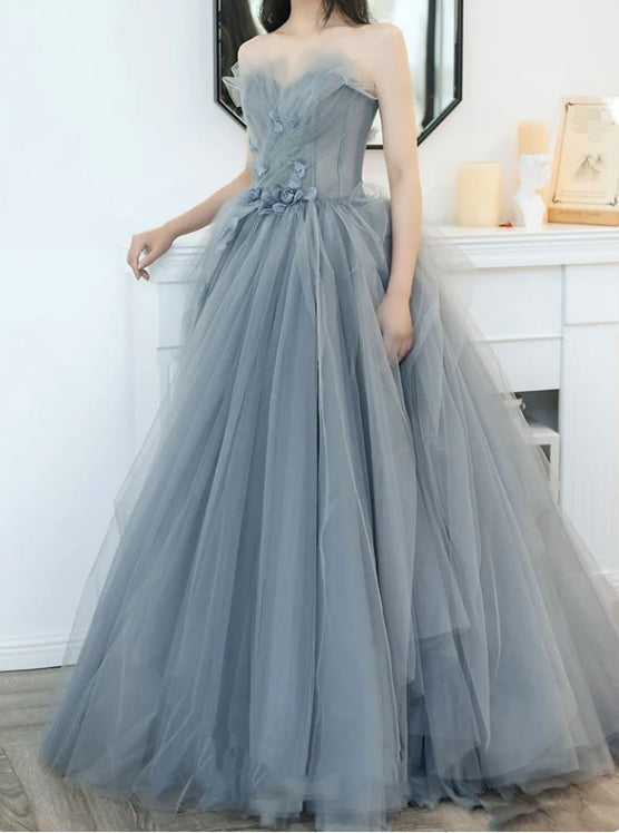 Luolandi A-Line Prom Dresses Cute Dress Engagement Prom Sweep / Brush Train Sleeveless Strapless Tulle with Appliques Off Shoulder