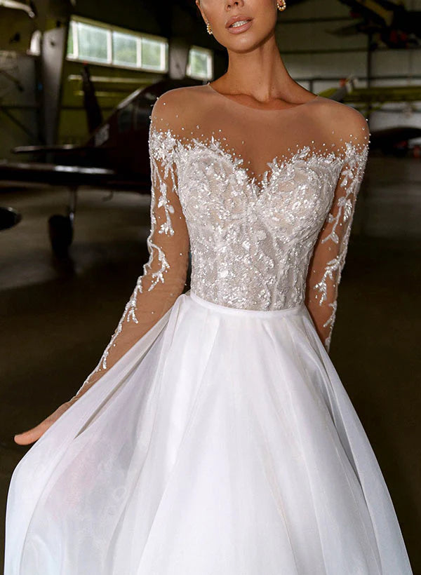 Luolandi Illusion Neck A-Line Wedding Dress With Beading Appliques Lace And Sweep Train Elegant