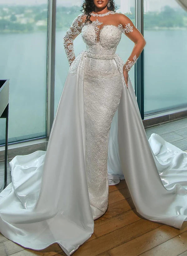 Luolandi Illusion Neck Long Sleeves Lace/Satin Sheath/Column Wedding Dresses Floor Length Elegant