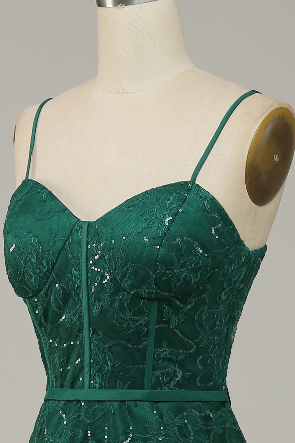 Luolandi Dark Green Lace Spaghetti Straps Corset Prom Dress Sparkly Evening Dress
