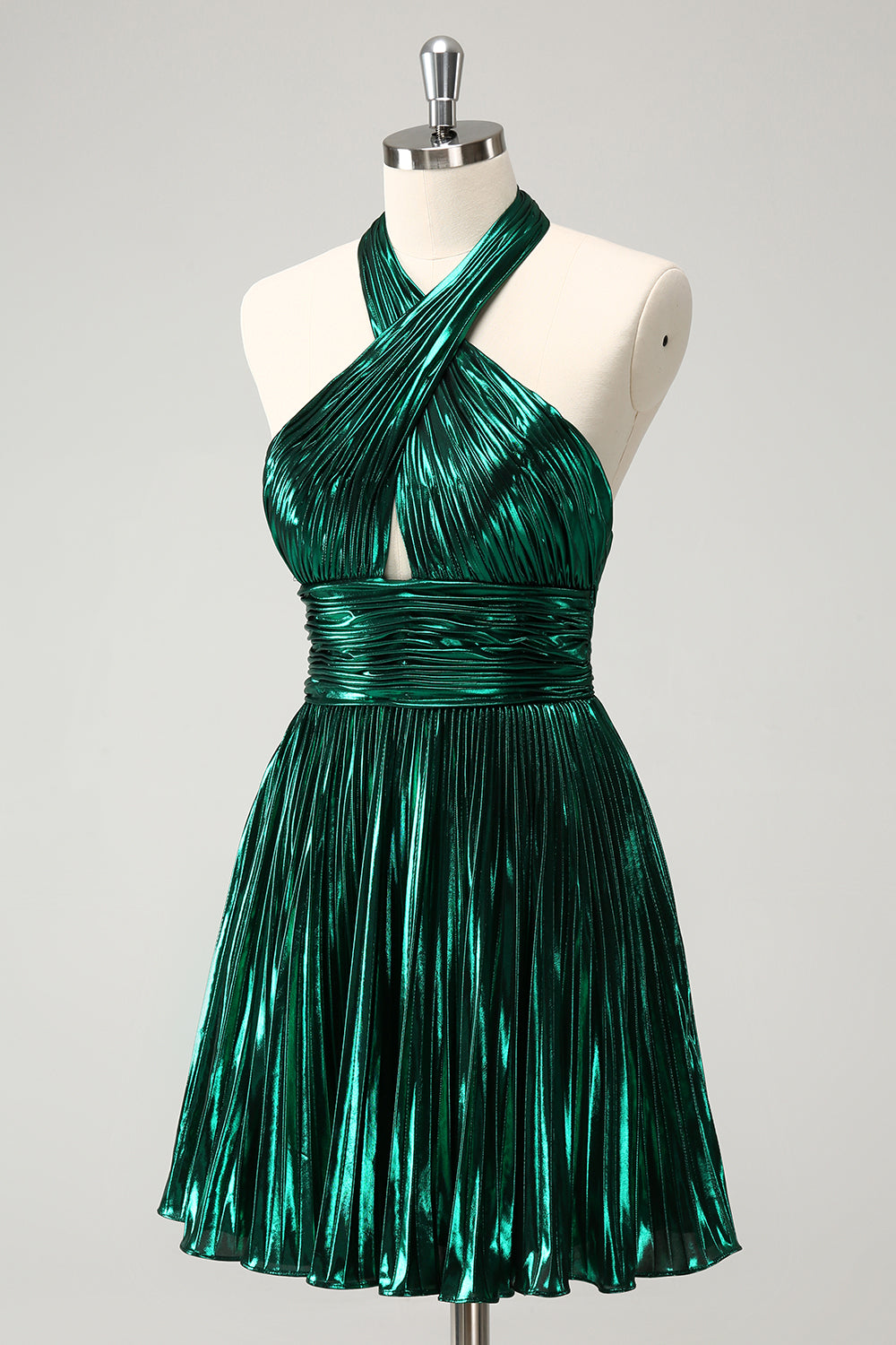 Luolandi A Line Dark Green Pleated Halter Homecoming Dress Sexy Party Dress