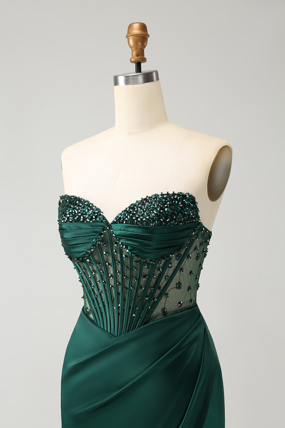 Luolandi Dark Green Mermaid Beaded Corset Strapless Long Prom Dress With Slit Sexy Evening Dress
