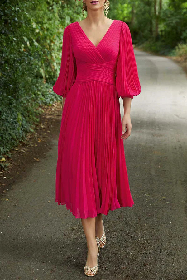 Luolandi A-line V-neck 3/4 sleeve plus size tea length mother of the bride dress Solid Color