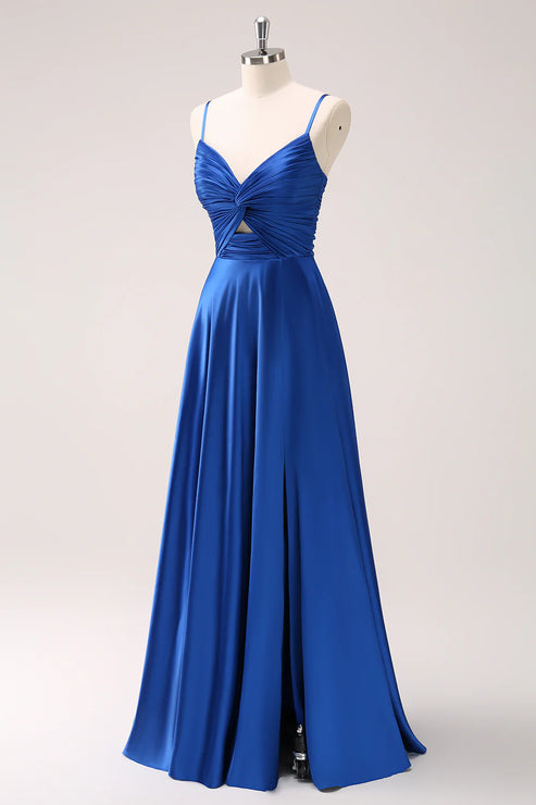 Luolandi Blue Spaghetti Straps Satin Bridesmaid Dress with Slit Floor Length Party Dress
