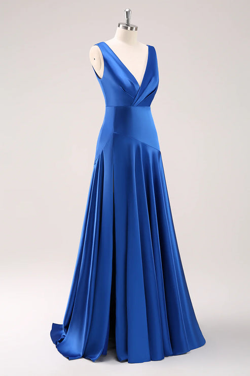 Luolandi Blue V-Neck Satin Bridesmaid Dress with Slit Floor Length Sexy Party Dress
