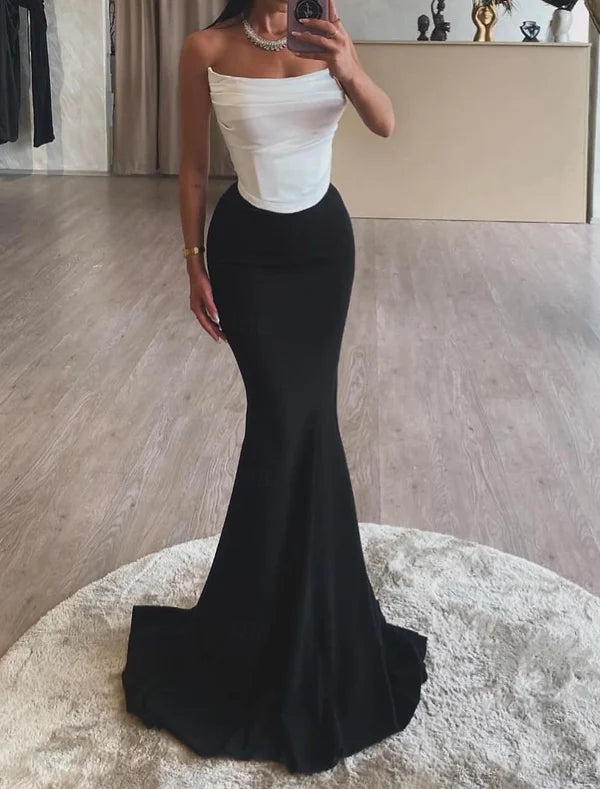 Luolandi Black Mermaid / Trumpet Evening Dresses Corsets Formal Floor Length Sleeveless Strapless Crepe Backless with Ruched Off Shoulder