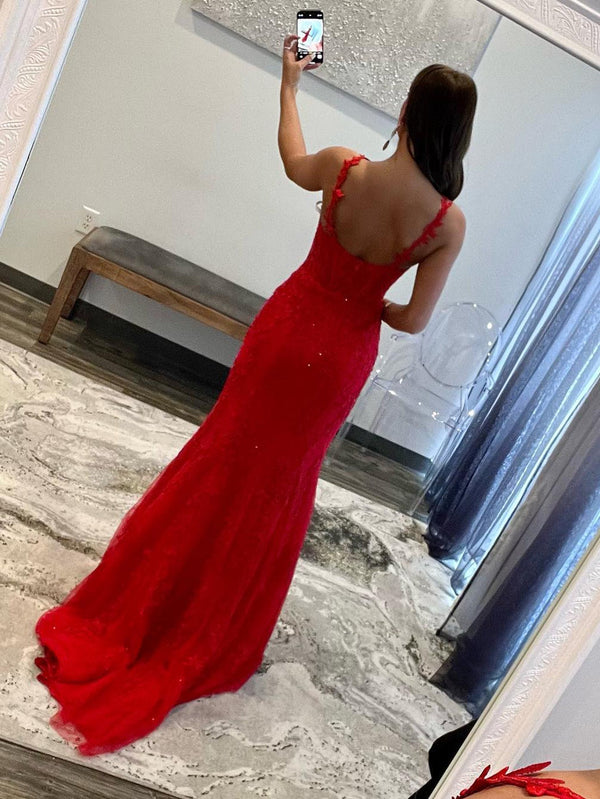 Luolandi Red Mermaid Halter Lace Mermaid Long Prom Dress Evening Dress Floor Length