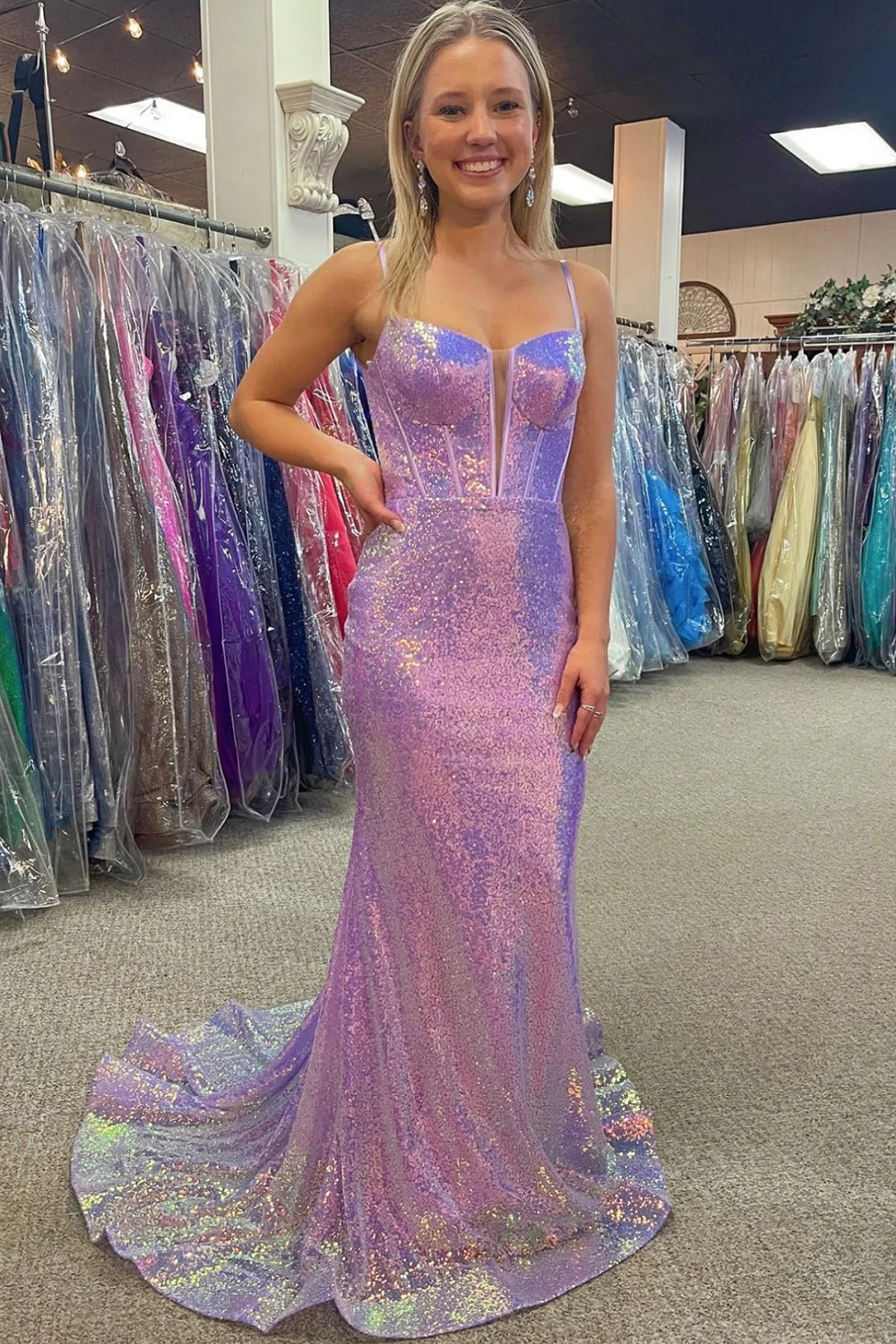 Luolandi Sparkly Pink Sequin Long Mermaid Corset Prom Dress Sparkly Evening Dress