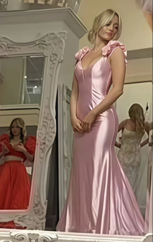 Luolandi Floral Pink V-neck Open Back Long Prom Dress Charming Evening Party Dress