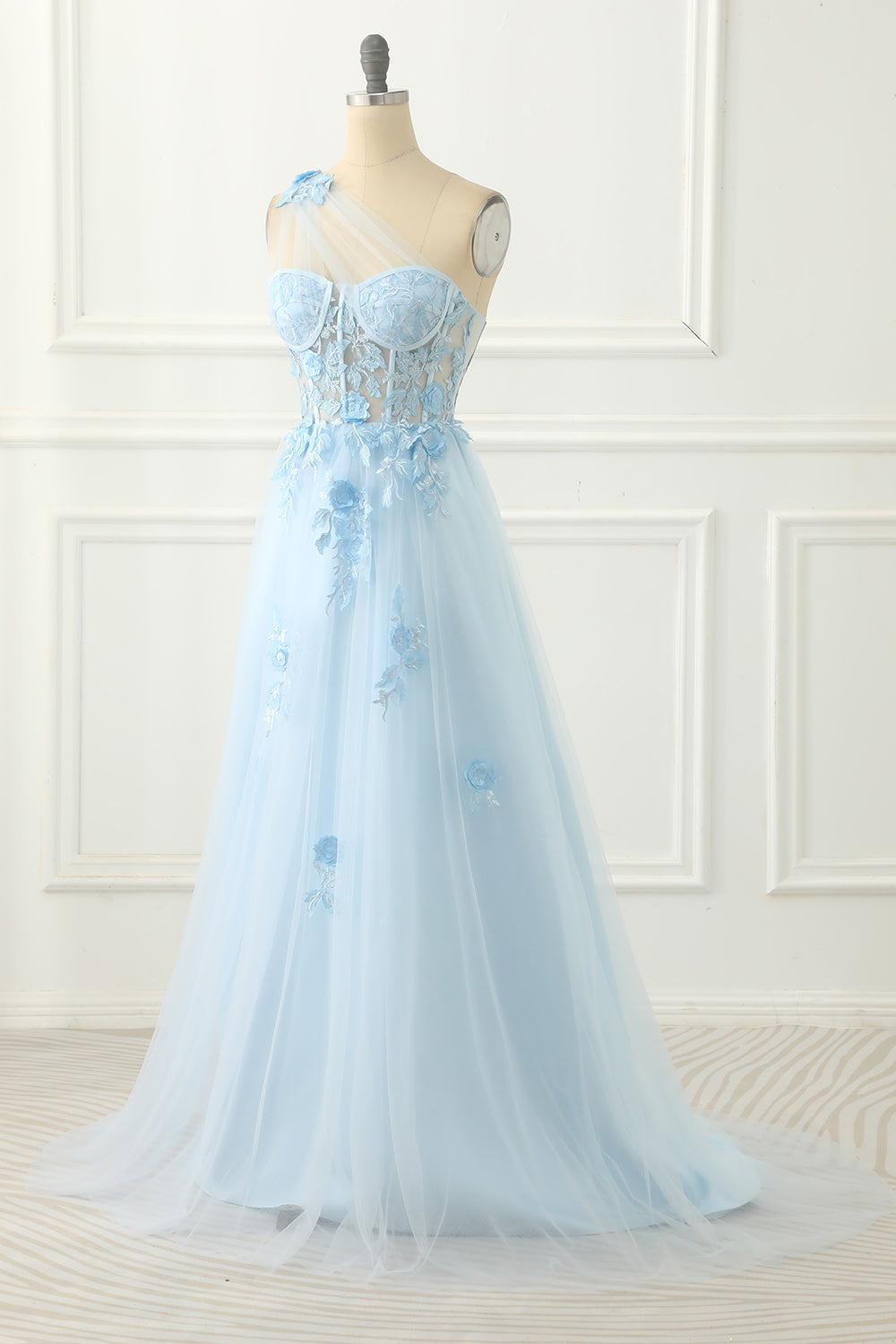 Luolandi Sky Blue Tulle A-Line One Shoulder Prom Dress With Appliques Floor Length Beautiful