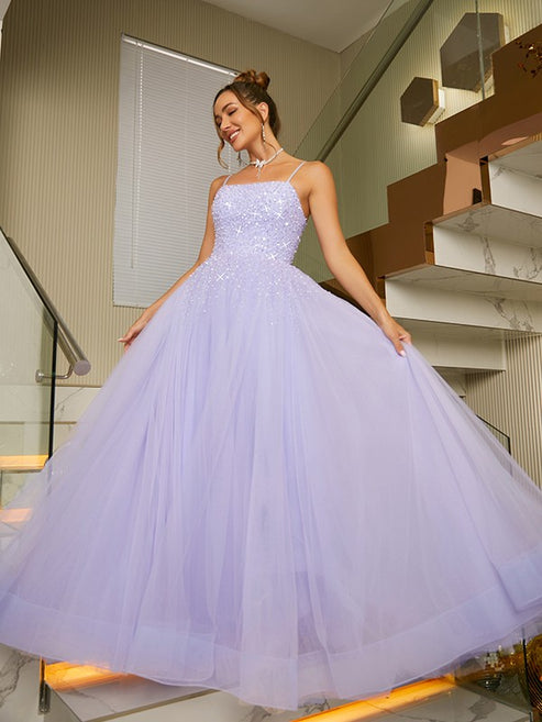 Luolandi A-Line/Princess Tulle Beading Spaghetti Straps Sleeveless Floor-Length Dresses Prom Dress