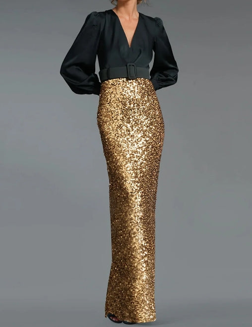 Luolandi A-Line Evening Gown Black Tie Floor Length Long Sleeve V Neck Belt / Sash Sequined Sparkly Evening Dress