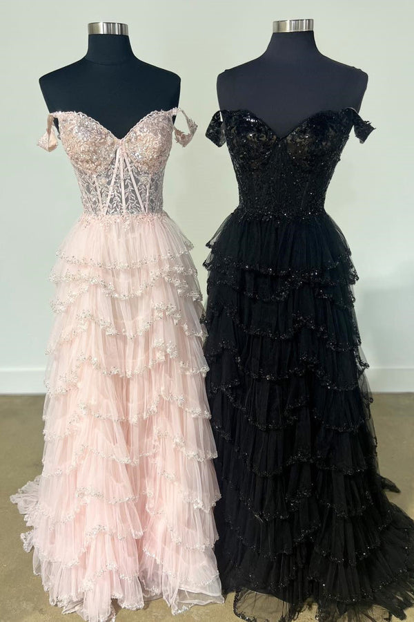 Luolandi A-Line Sweetheart Champagne Tulle Prom Dresses with Appliques Off Shoulder Sparkly Evening Dress