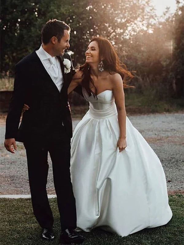 Luolandi Simple Sweetheart A-line Wedding Dresses Satin Bridal Gowns Off Shoulder Elegant