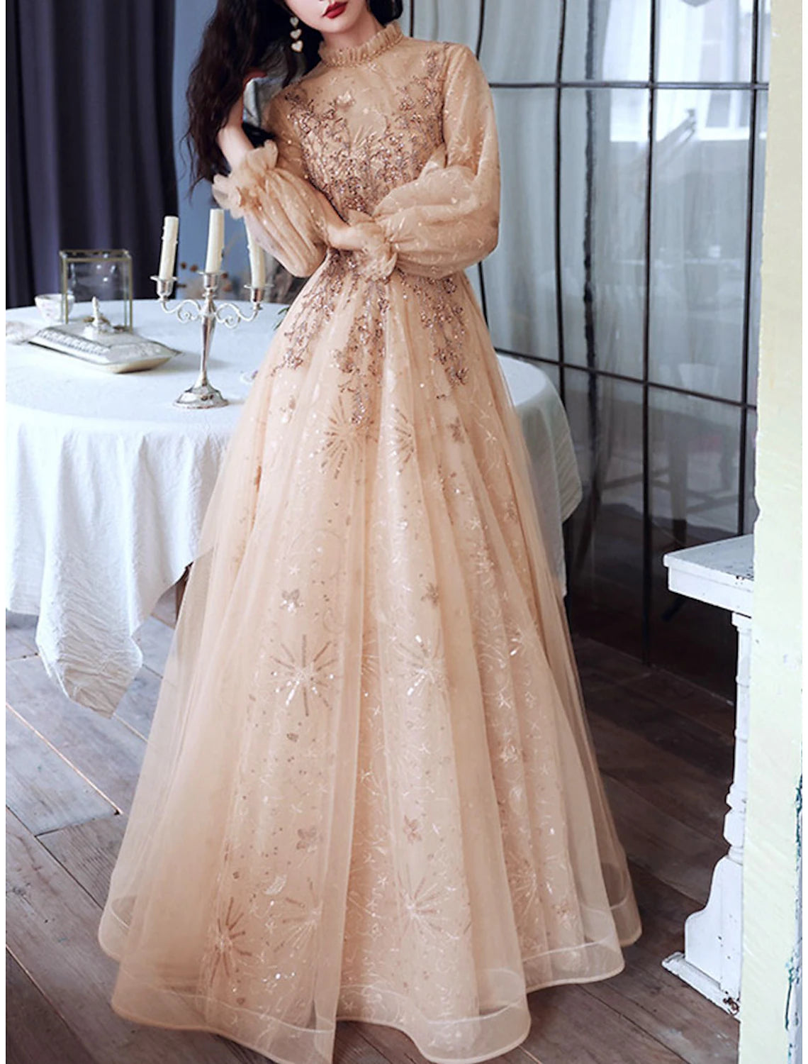 Luolandi A-Line Glittering Elegant Engagement Formal Evening Dress High Neck Long Sleeves Charming Long Prom Dress