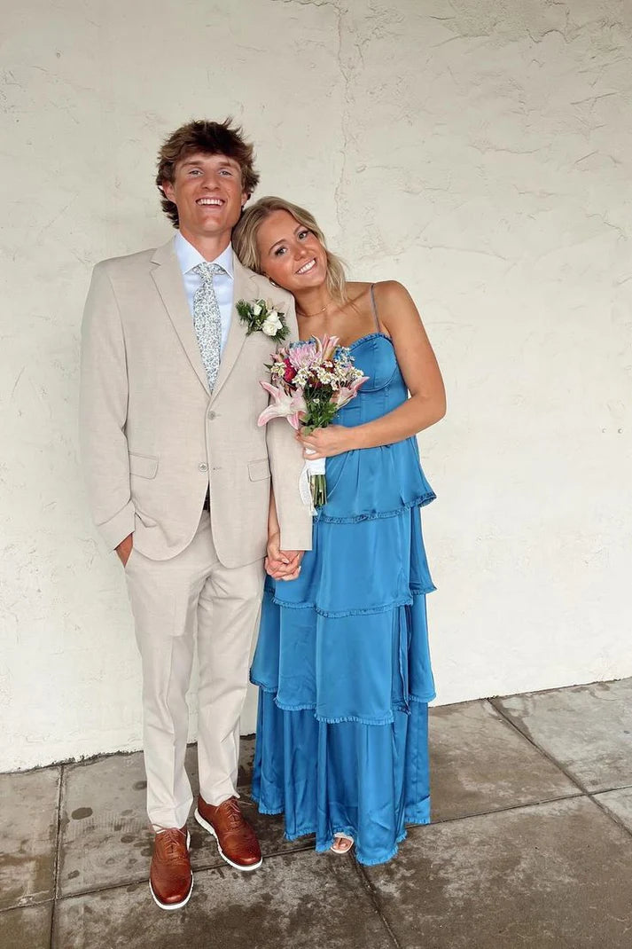 Luolandi Blue A Line Long Prom Dress Ruffle Wedding Guest Dress Elegant Evening Party Dress