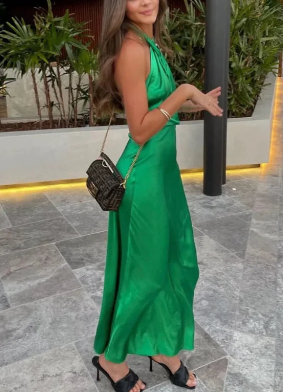 Luolandi Green Cross Neck Halter Backless Satin Party Dress Elegant Evening Dress Solid Color