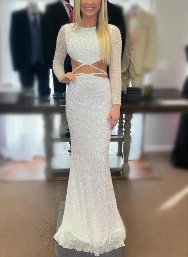 Luolandi Sequins Long Sleeves Mermaid Cut-Out Long Prom Dress Sparkly Evening Dress