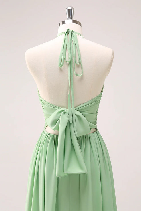Luolandi Light Green A Line Halter Backless Lace Up Long Bridesmaid Dress Party Dress
