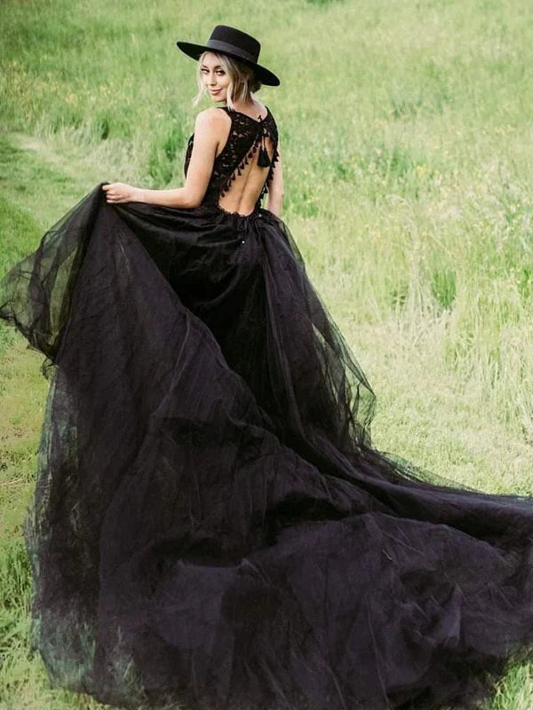 Luolandi Marvelous Black V-Neck Backless Ball Gown Wedding Dresses Tulle Knit Bridal Gowns Sexy