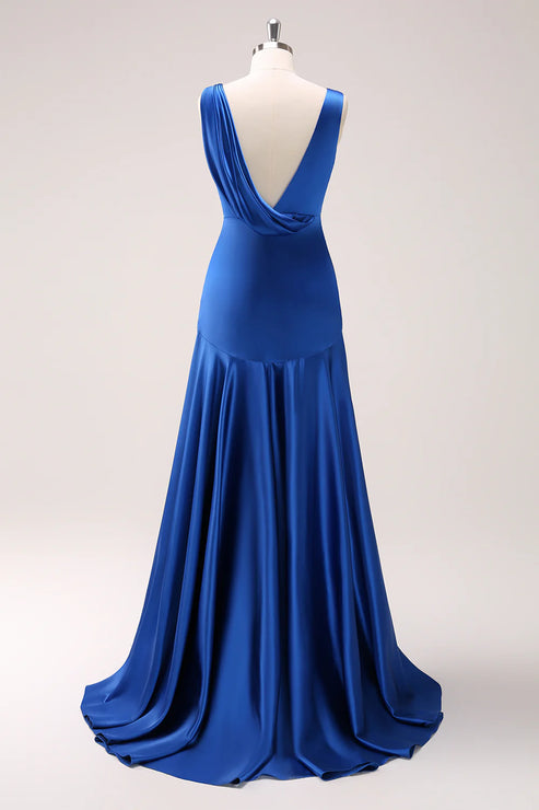 Luolandi Blue V-Neck Satin Bridesmaid Dress with Slit Floor Length Sexy Party Dress