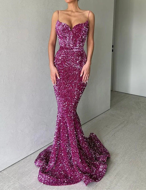 Luolandi Sparkle Purple Spaghetti Strap Sequin Mermaid Long Prom Dress Sparkly Evening Dress Sexy