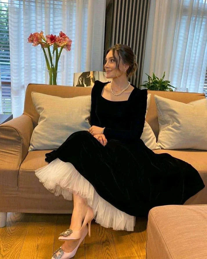 Luolandi Vintage Black With Tulle Long Sleeves Prom Dress Elegant Evening Party Dress Formal Dress