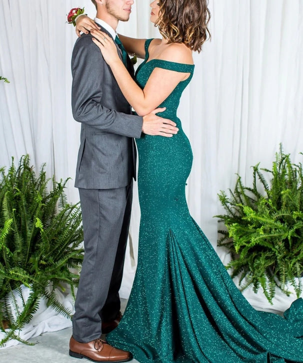 Luolandi Graceful Lace Off-the-shoulder Neckline Chapel Train Mermaid Prom Dress Sparkly Evening Dress