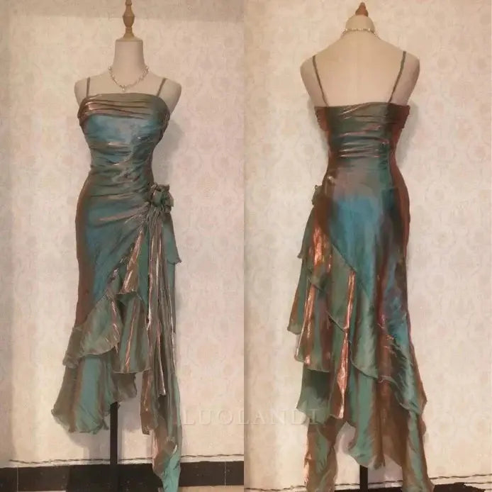 Luolandi Vintage Spaghetti Straps Asymmetrical Prom Dress Charming Evening Party Dress