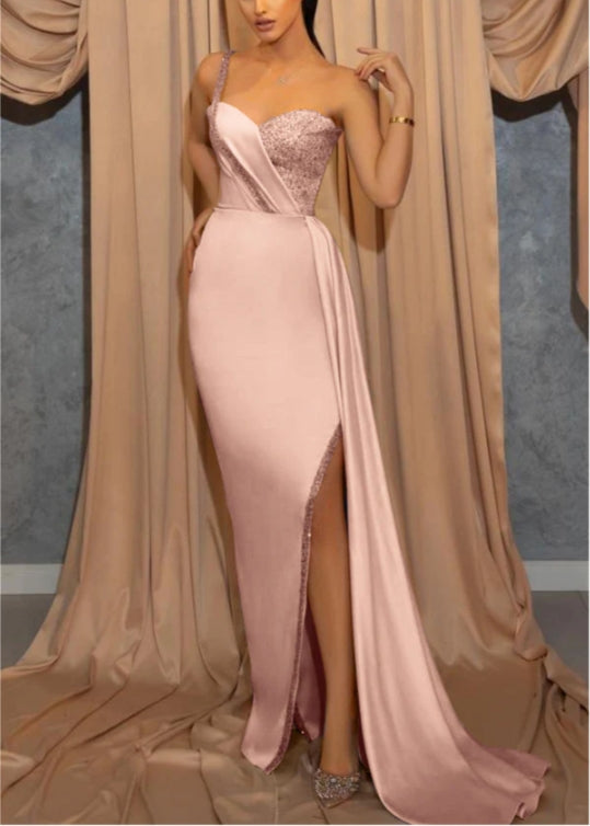 Luolandi Sky Blue One Shoulder Spaghetti Strap Sweetheart Mermaid Evening Dress With Sequins Split Elegant