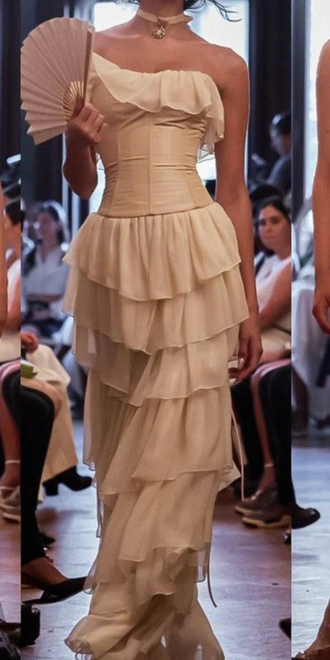 Luolandi Strapless Chiffon Tiered Sheath Gorgeous Evening Dress Off Shoulder Charming Prom Dress