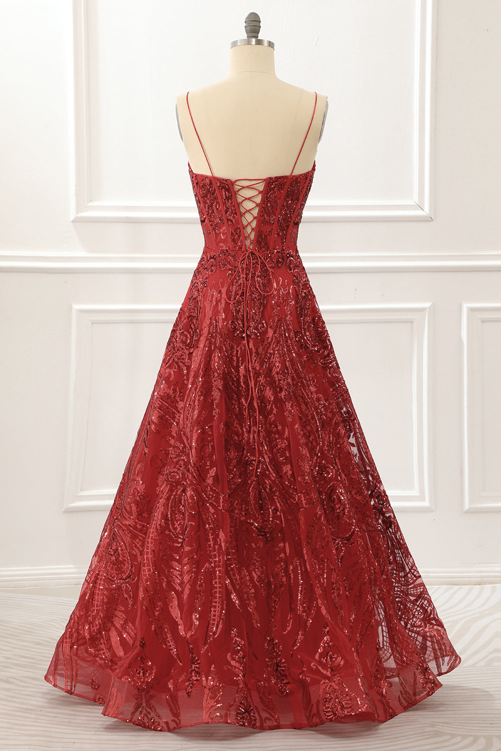 Luolandi Spaghetti Straps Red Sparkly Corset Prom Dress Floor Length Sexy
