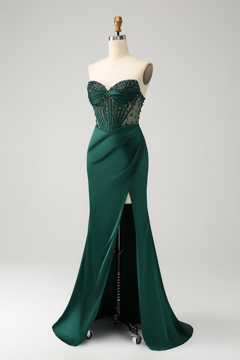 Luolandi Dark Green Mermaid Beaded Corset Strapless Long Prom Dress With Slit Sexy Evening Dress