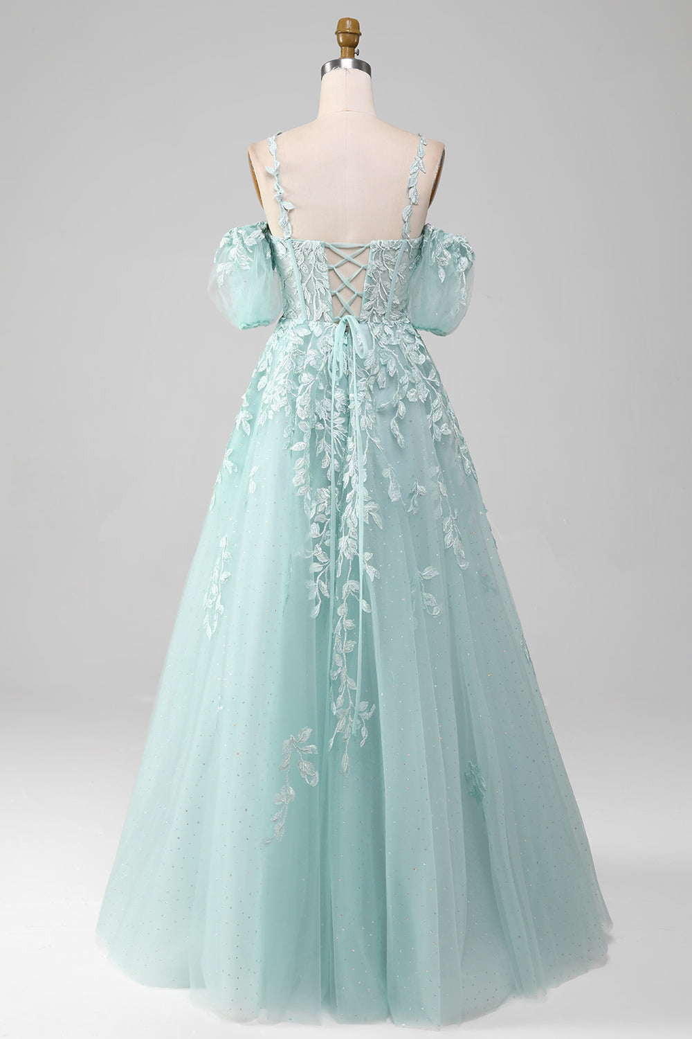 Luolandi Ball-Gown Off The Shoulder Beaded Mint Prom Dresses With Appliques And Sleeves