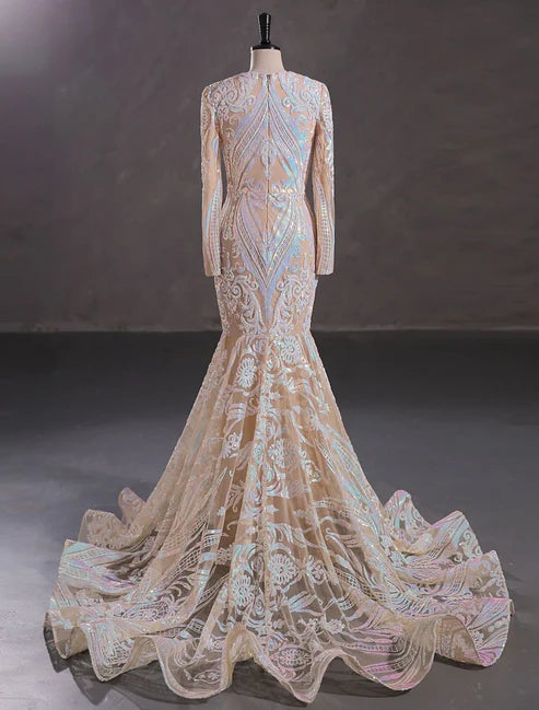 Luolandi Mermaid / Trumpet Evening Gown Sparkle & Shine Dress Formal Evening Wedding Party Chapel Train Long Sleeve Jewel Neck African American Sequined
