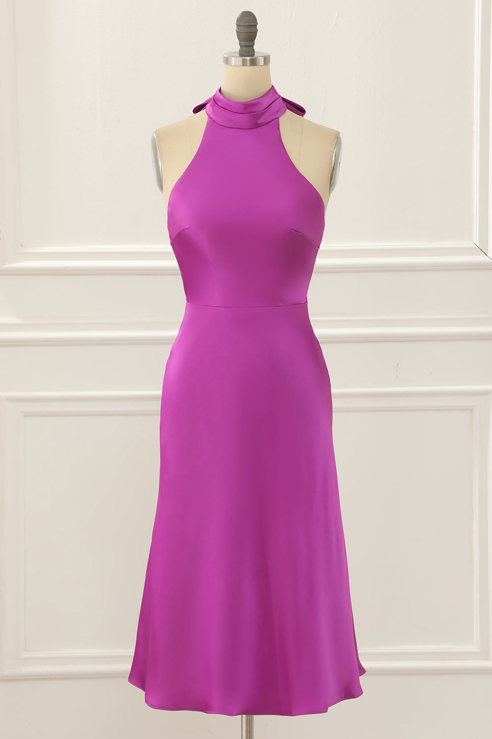 Luolandi Satin Halter Short Simple Prom Dress Solid Color Bridesmaid Dress Party Dress