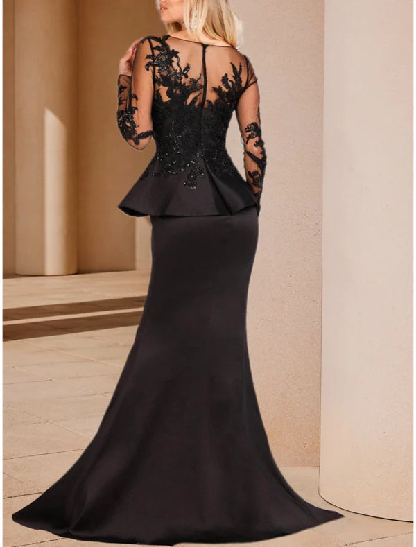 Luolandi Mermaid / Trumpet Mother of the Bride Dress Wedding Guest Party Elegant Scoop Neck Sweep / Brush Train Imitated Silk Long Sleeve with Lace Sequin Split