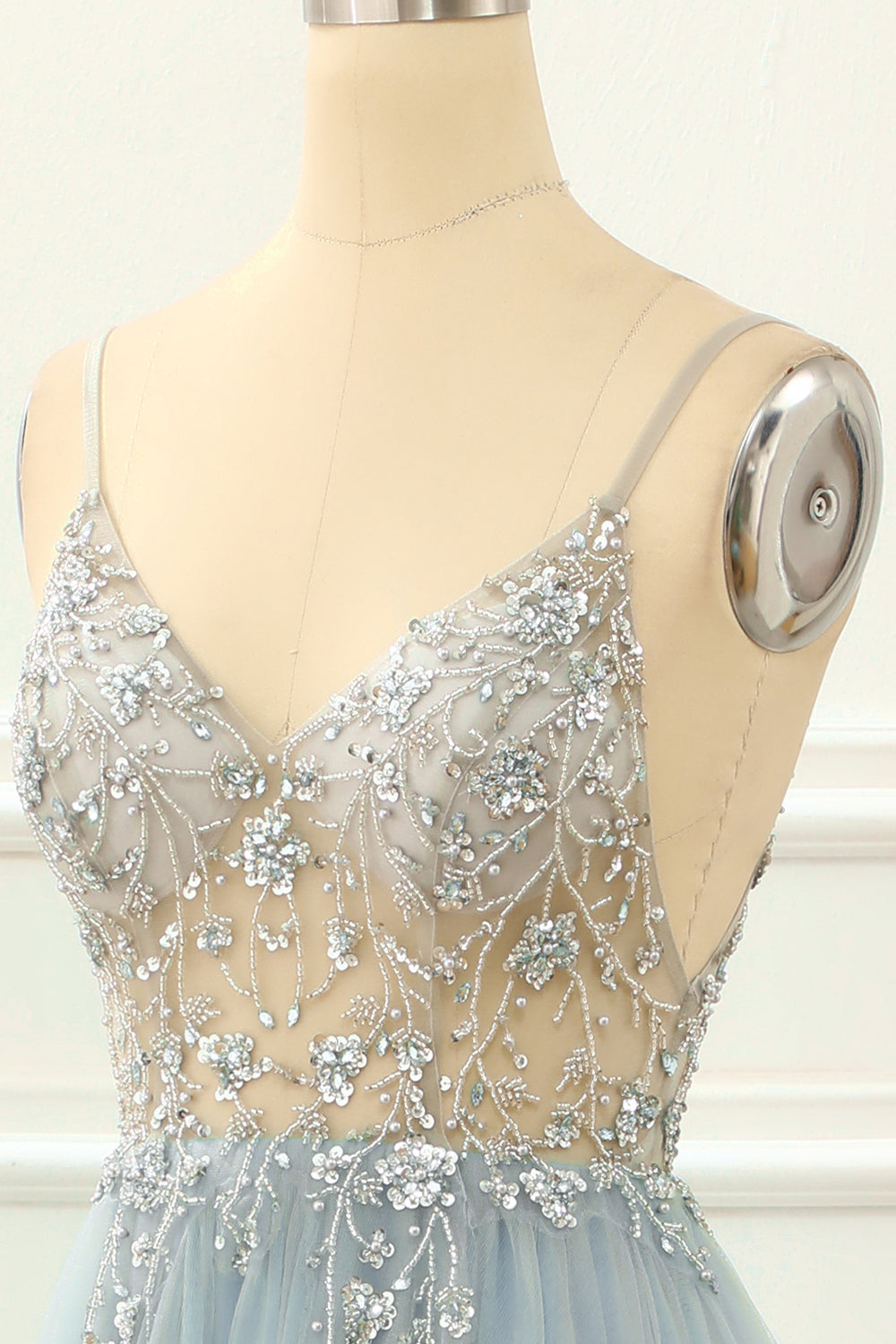 Luolandi Light Blue Beading Tulle A Line Sparkly Prom Dress V-neck Floor Length