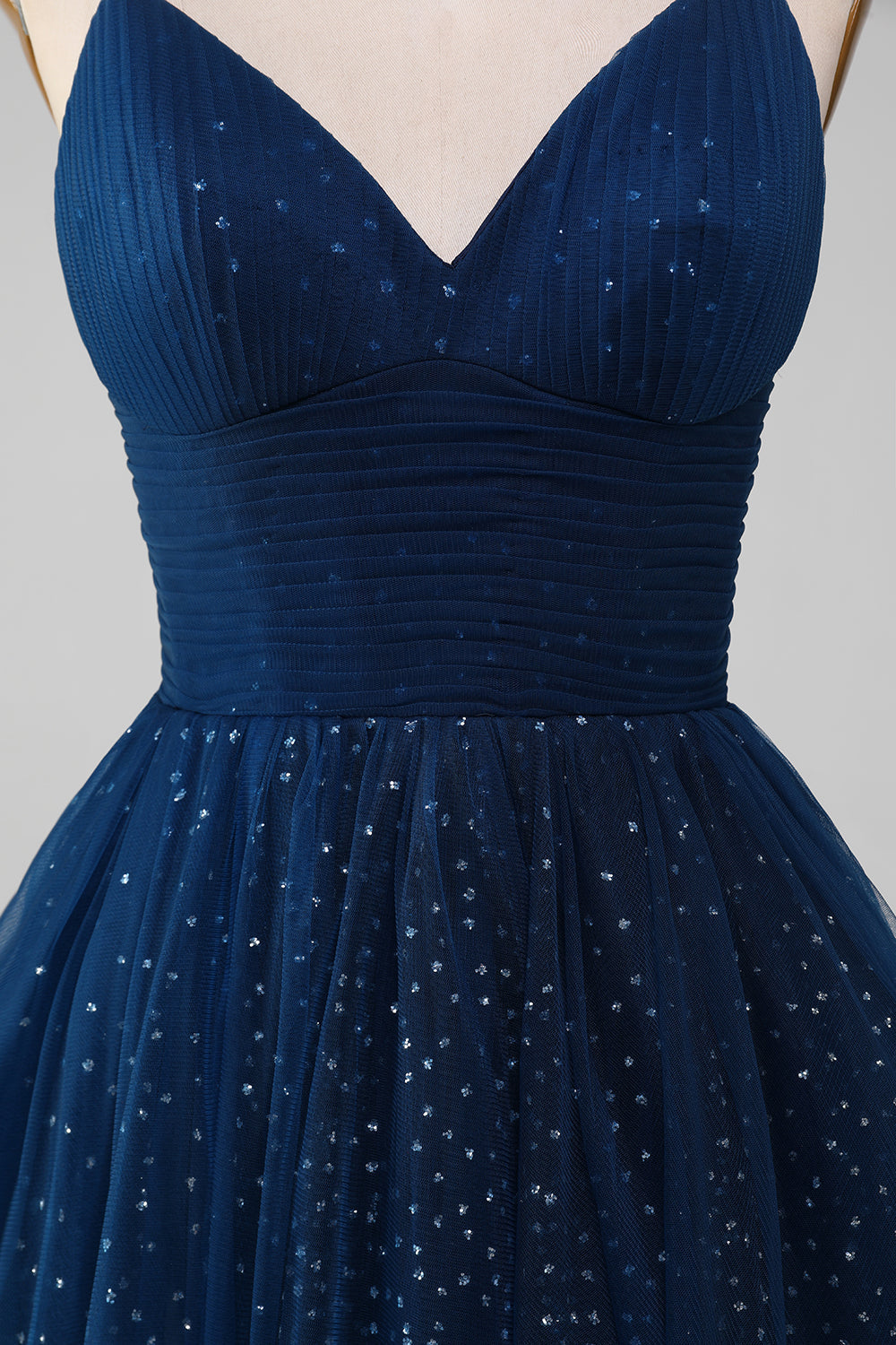 Luolandi Navy Ball-Gown Spaghetti Straps V-Neck Long Beaded Tulle Prom Dresses Sparkly