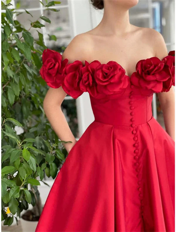 Luolandi A-Line Prom Dresses Sexy Dress Wedding Guest Wedding Party Court Train Short Sleeve Off Shoulder Taffeta with Buttons Slit And Flowers