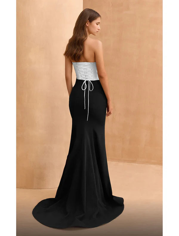 Luolandi Black Mermaid / Trumpet Evening Dresses Corsets Formal Floor Length Sleeveless Strapless Crepe Backless with Ruched Off Shoulder