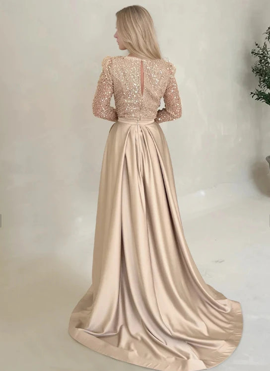 Luolandi Mermaid / Trumpet Evening Gown Formal Christmas Floor Length Long Sleeve Illusion Neck Champagne Mother Of the Bride Dress Sequined with Pearls