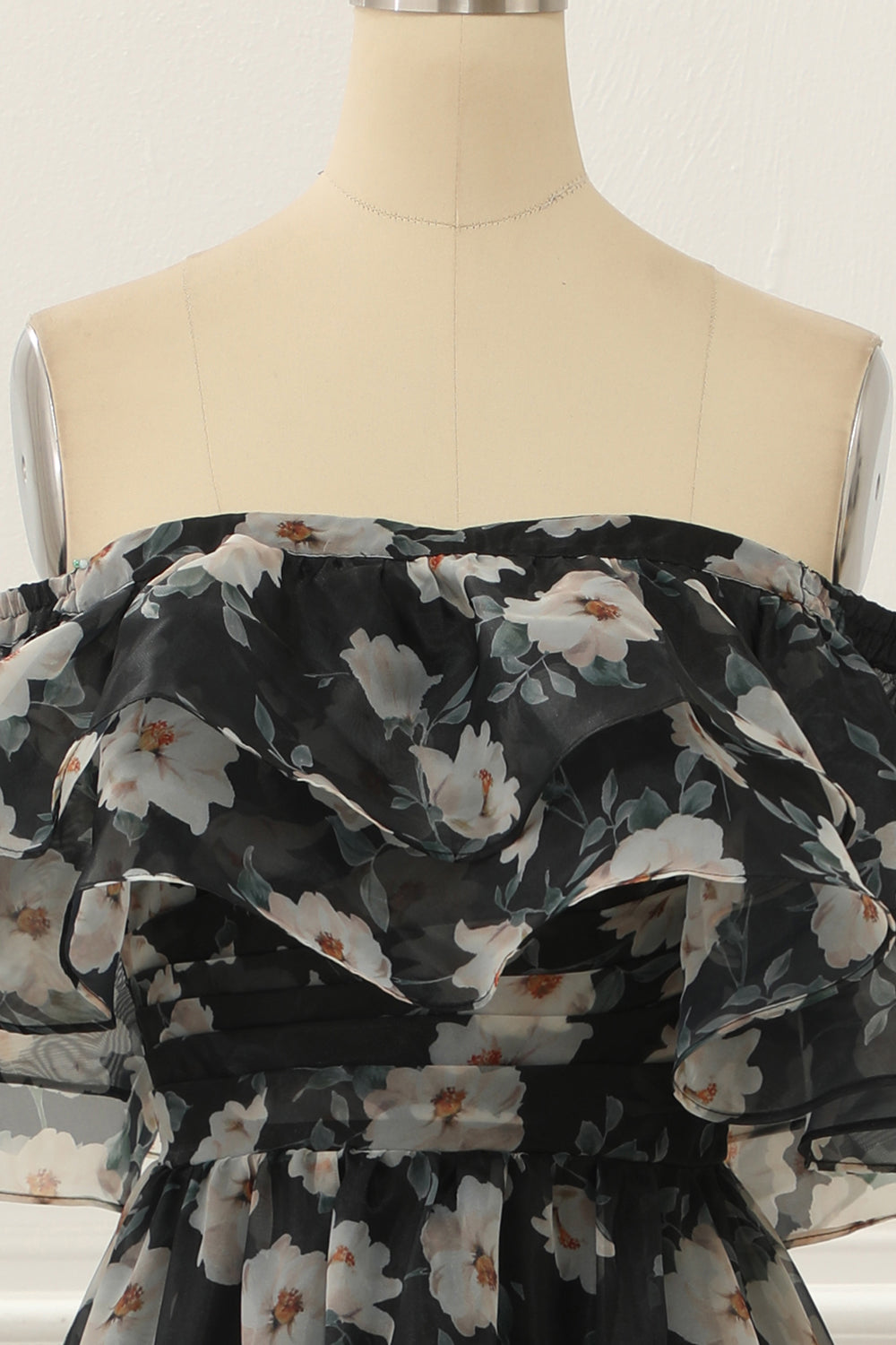 Luolandi Black Print Off Shoulder A Line Prom Dress With Ruffles Floor Length Elegant