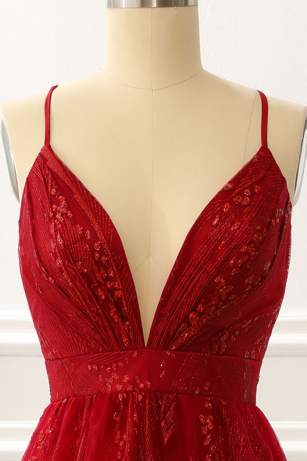 Luolandi Spaghetti Straps Burgundy A Line Princess Prom Dress V-neck Floor Length