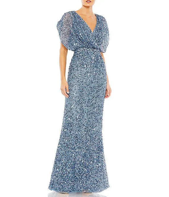 Luolandi Sequin Surplice V-Neck Draped 3/4 Sleeve Blouson Bodice Sheath Gown Evening Dresses Sparkly
