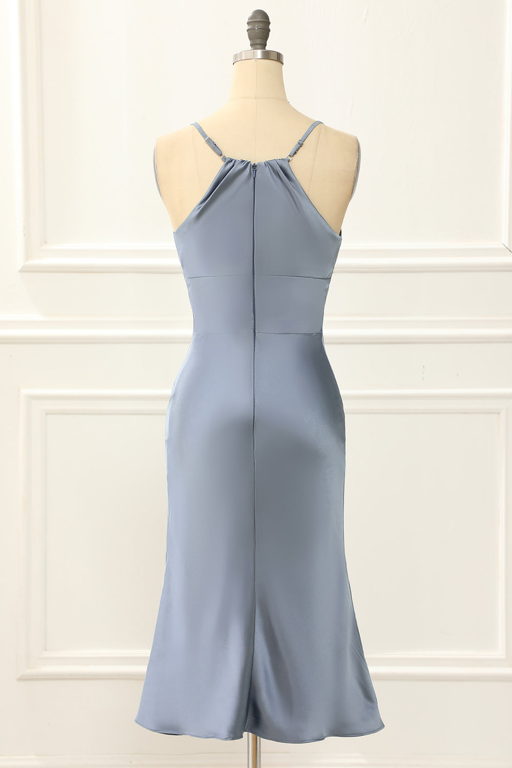 Luolandi Grey Blue Satin Spaghetti Straps Short Bridesmaid Dress Sexy Party Dress