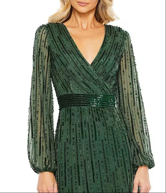 Luolandi Sequin Surplice V-Neck Long Puff Sleeve Gown Evening Dresses Sparkly